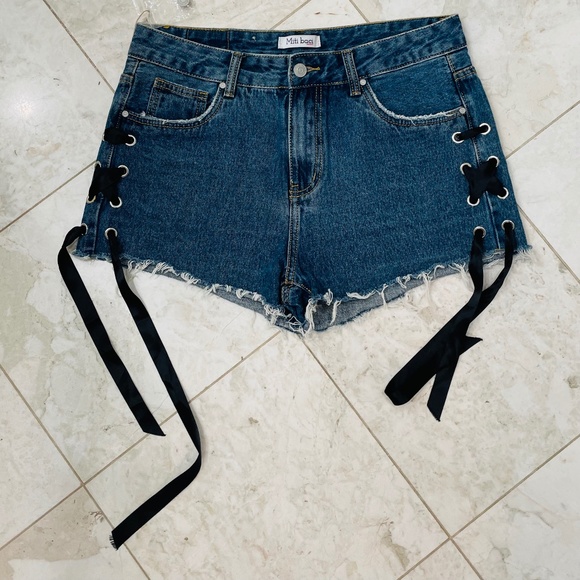 Miti Baci Pants - MITI BACI {XL} Jean Shorts Lace-Up Dark Wash NWT